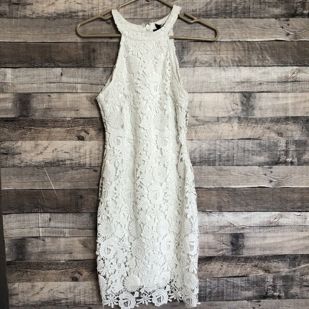 LULUS Dress Floral Crochet Lace Love Poem Halter White Sheath Mini Size XS